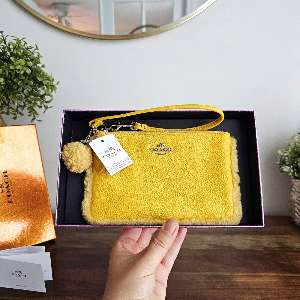 Vintage NWT Coach Shearling Small Wristlet in Banana Yellow With Pom Pom - Picture 2 of 16